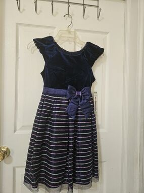 Jona Michelle Navy Velvet Bodice Striped Bow Holiday Dress
